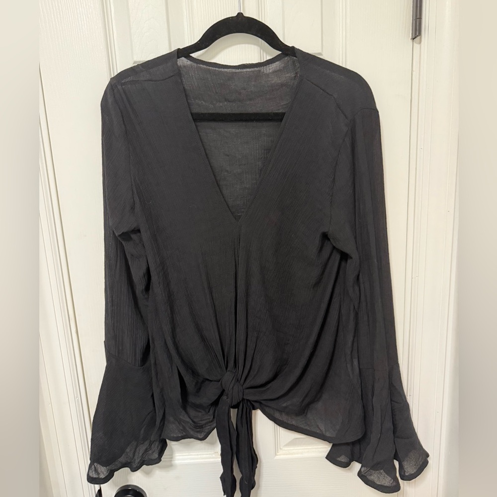 M Chic Black Sheer Tie-Front Blouse with Bell Sleeves